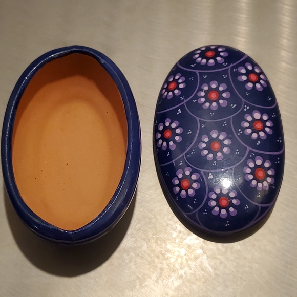 Vintage Red Clay Purple Mexican Folk Art Floral Hand Painted Oval Trinket Box - Picture 6 of 12